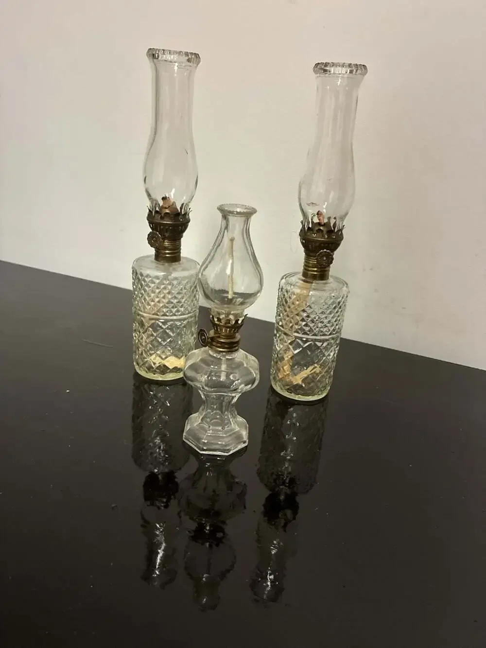 Lot of 3 Vintage Miniature Clear Pressed Glass Oil Lamps with Hurricane Chimneys